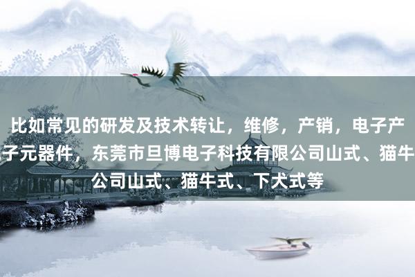 比如常见的研发及技术转让，维修，产销，电子产品，软件，电子元器件，东莞市旦博电子科技有限公司山式、猫牛式、下犬式等